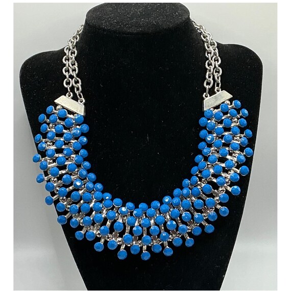 Bold Blue Beaded Statement Bib Necklace • Silver … - image 2