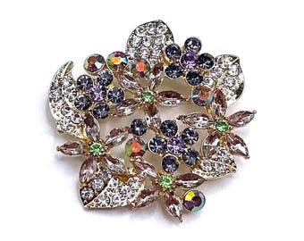 Colorful Rhinestone Floral Brooch 2" Vintage Style Sparkle Pin
