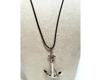Anchor Pendant Necklace Silver Tone Nautical Rope Maritime Sailor Fisherman 22"