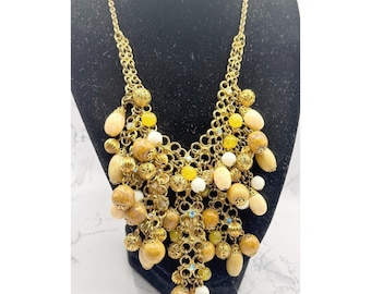 Chunky Gold Bib Necklace Beaded Fringe Statement Necklace Boho Glam