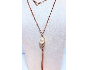 Long Gold Tone Faux Pearl Chain Tassel Fringe Necklace 31"