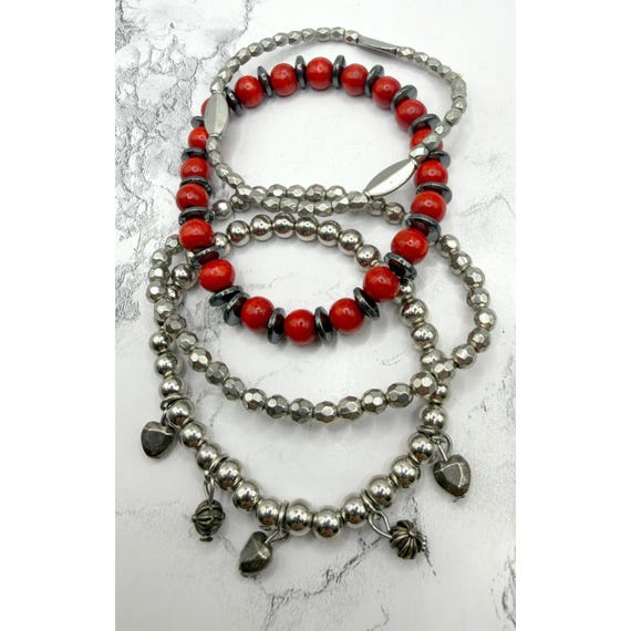 Silver Tone Beaded Stretch Bracelet Stack Set of … - image 3