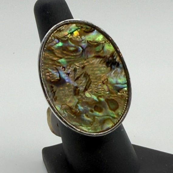Oval Abalone Shell Statement Ring Electroplated B… - image 1