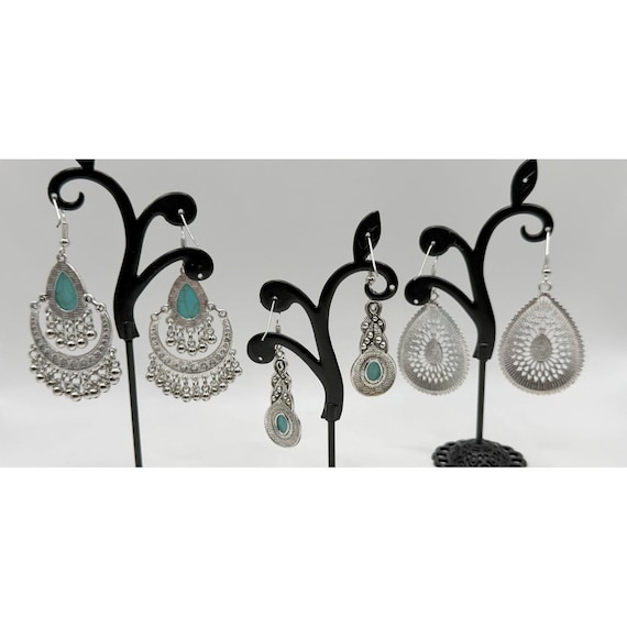 Turquoise Look Silver Tone Statement Earrings Bun… - image 5
