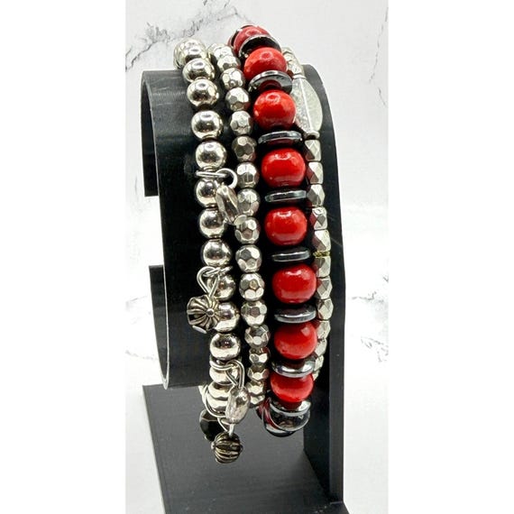 Silver Tone Beaded Stretch Bracelet Stack Set of … - image 1