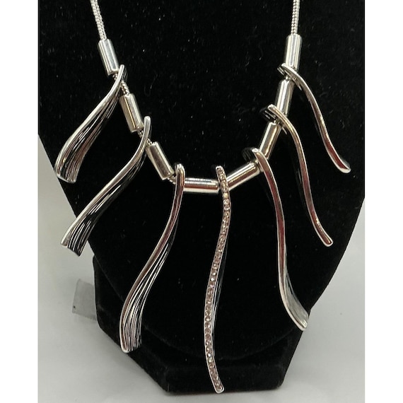 Modern Abstract Silver-Tone Statement Necklace Rh… - image 1