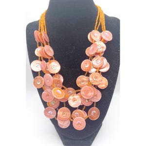 Orange Mother of Pearl Necklace  5 Multi Strands Discs Sequins Layered Summer