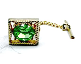 Vintage Style Gold Tie Tack Mint Green Glass Stone Mens Tie Pin Chain Retro Classic