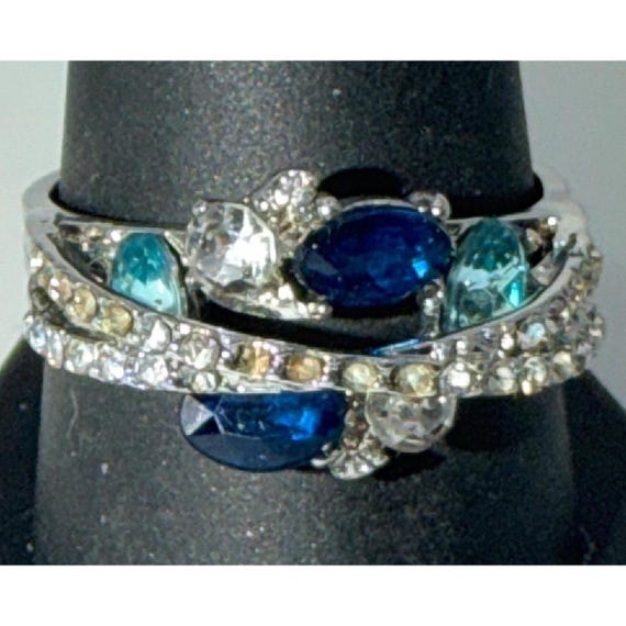 Blue Statement Ring Size 10 Silver Tone High Spar… - image 1