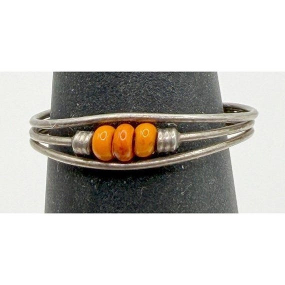 Boho Silver Tone Ring Orange Bead Stack Ring Size… - image 1
