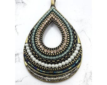 Large Boho Statement Pendant Rhinestone Seed Bead Teardrop Pendant 3.25