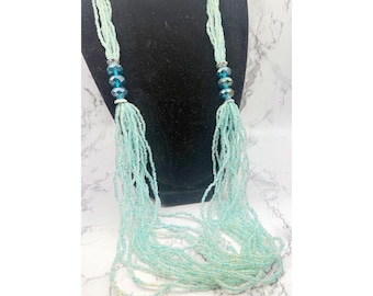 Mint Green Seed Bead Necklace Multi Strand Glass Bead Boho 30" Garden Party