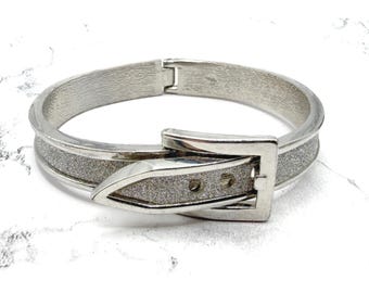 Vintage Belt Buckle Bracelet Silver Tone Faux Druzy Adjustable Bangle