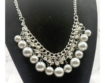 Silver Gray Pearl Statement Necklace Rhinestone Chunky Bridal Style Jewelry -VIDEO