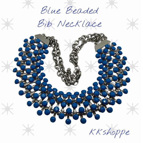 Bold Blue Beaded Statement Bib Necklace • Silver … - image 1