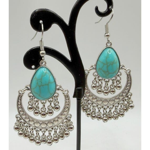 Turquoise Look Silver Tone Statement Earrings Bun… - image 2