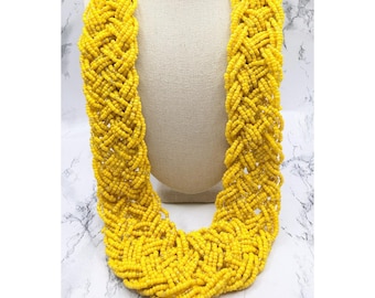 Mustard Yellow Glass Bead Necklace, Braided Torsade Statement Necklace, Adjustable Multistrand Boho Jewelry