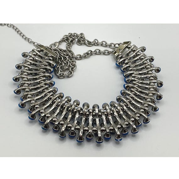 Bold Blue Beaded Statement Bib Necklace • Silver … - image 5