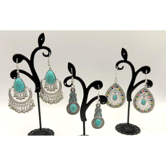 Turquoise Look Silver Tone Statement Earrings Bun… - image 1