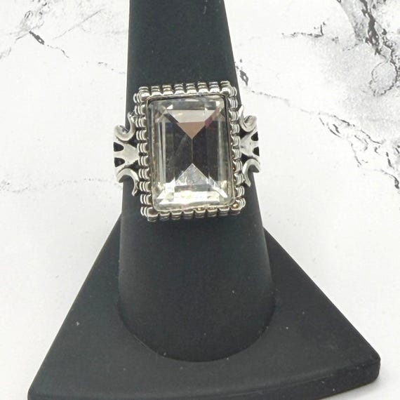Silver Tone Rectangular Clear Statement Ring Size… - image 1