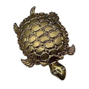 Signed Gold Tone Turtle Brooch  Rhinestone Eyes Textured Shell figural pin