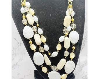Layered Neutral Beaded Statement Necklace Cream Gray Gold – Multi Strand Jewelry