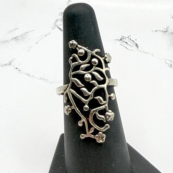 Silver Tone Statement Ring Elongated Filigree Des… - image 1