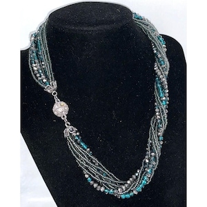 Premier Designs Teal Multi Strand Statement Necklace with Rhinestone Clasp