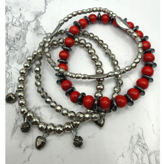 Silver Tone Beaded Stretch Bracelet Stack Set of … - image 2