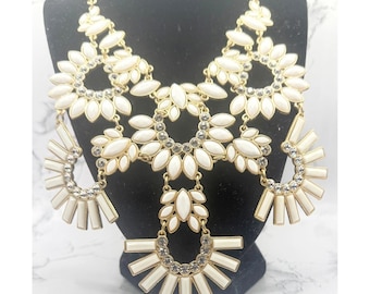 Gold Rhinestone Bib Necklace White Cabochon Statement Necklace
