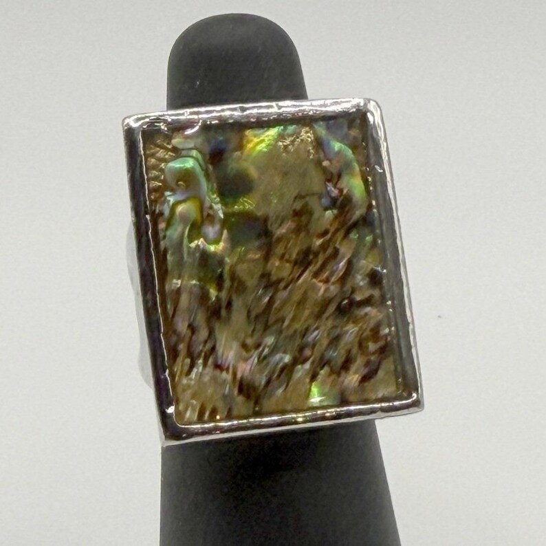 Rectangular Abalone Shell Ring Size 6.5 Silver Tone Heart Band immagine 2