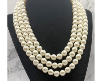 Chunky Faux Pearl Necklace 10mm Multi Strand Pearlcore Statement