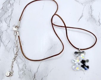 Swarovski Crystal Teddy Bear Necklace, Signed Swan Brown Cord Pendant, Adjustable 15 to 18 Inch Designer Jewelry