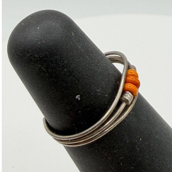 Boho Silver Tone Ring Orange Bead Stack Ring Size… - image 2