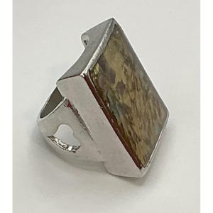 Rectangular Abalone Shell Ring Size 6.5 Silver Tone Heart Band immagine 4