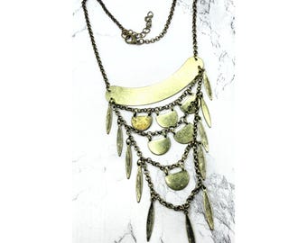 Boho Gold Tone Bib Necklace Textured Dangle Fringe 16-18" Festival Jewelry