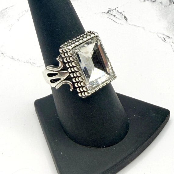 Silver Tone Rectangular Clear Statement Ring Size… - image 2