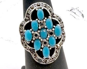 Boho Turquoise Color Marcasite Look Silver Ring Size 6