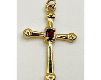 Vintage Gold-Tone Garnet Cross Pendant 1.25" Christian Jewelry Minimalist