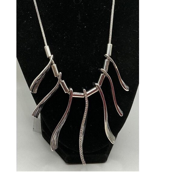 Modern Abstract Silver-Tone Statement Necklace Rh… - image 1