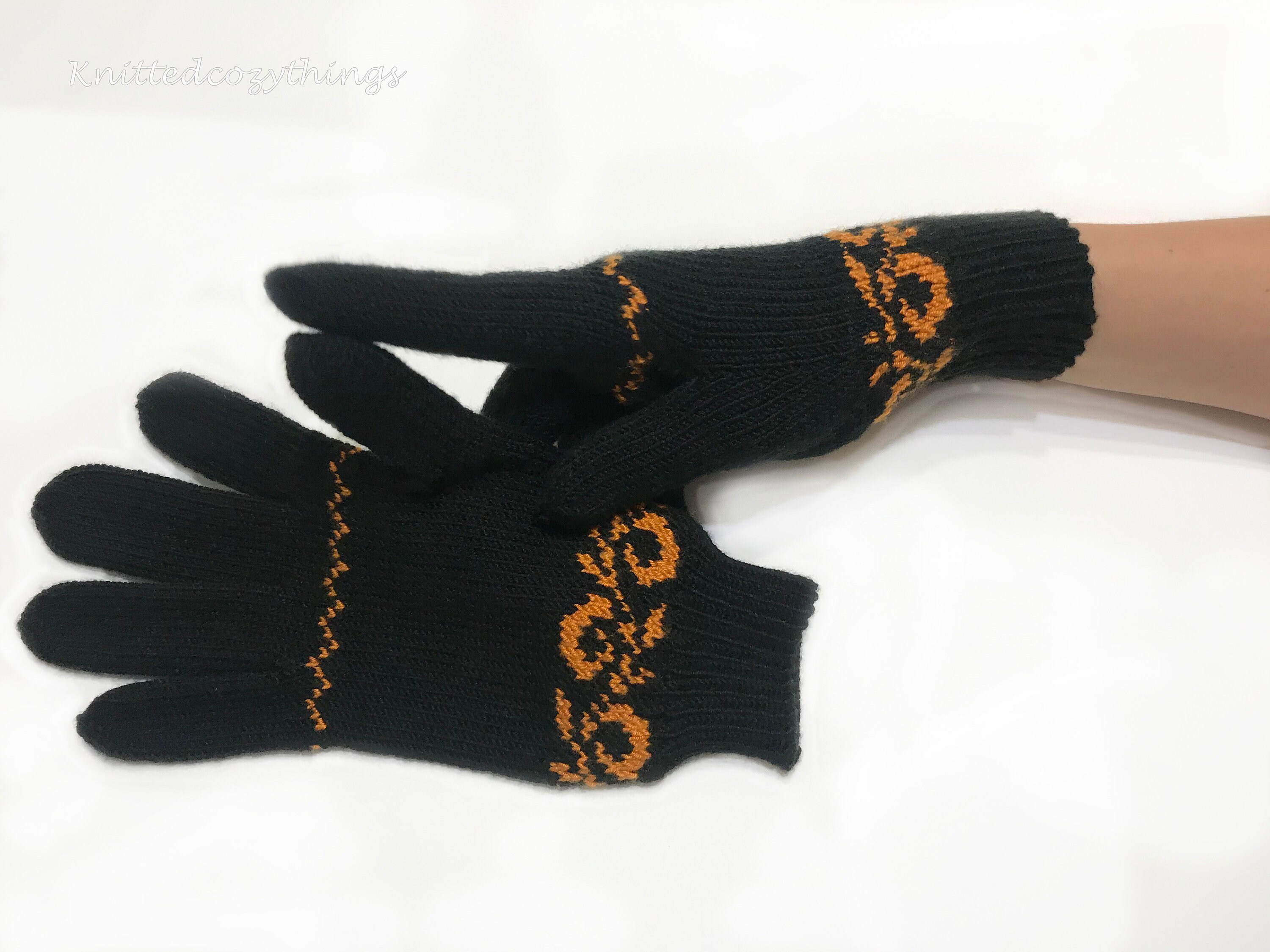 Black Knit Full Gloves. Hand Knit Winter Gloves. Full Knit Etsy