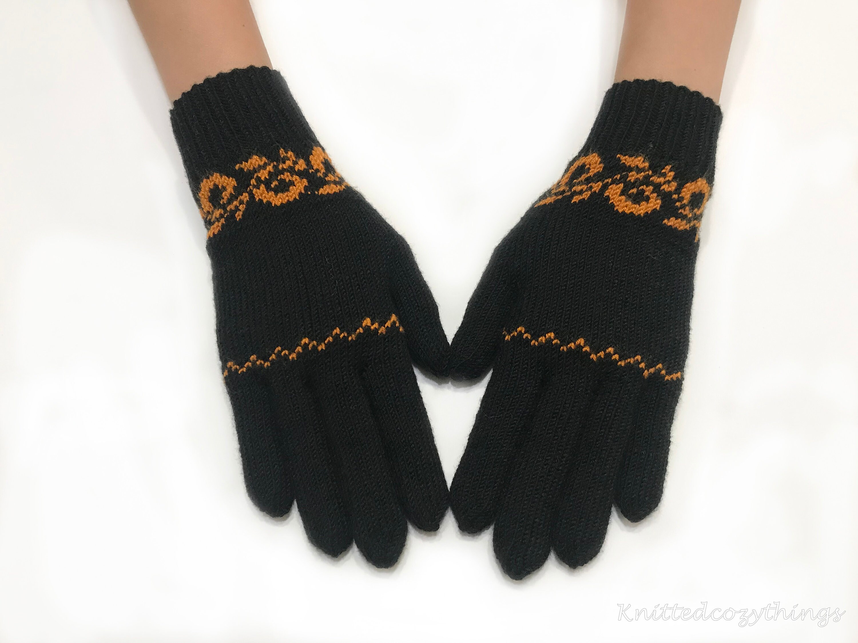 Black Knit Full Gloves. Hand Knit Winter Gloves. Full Knit Etsy