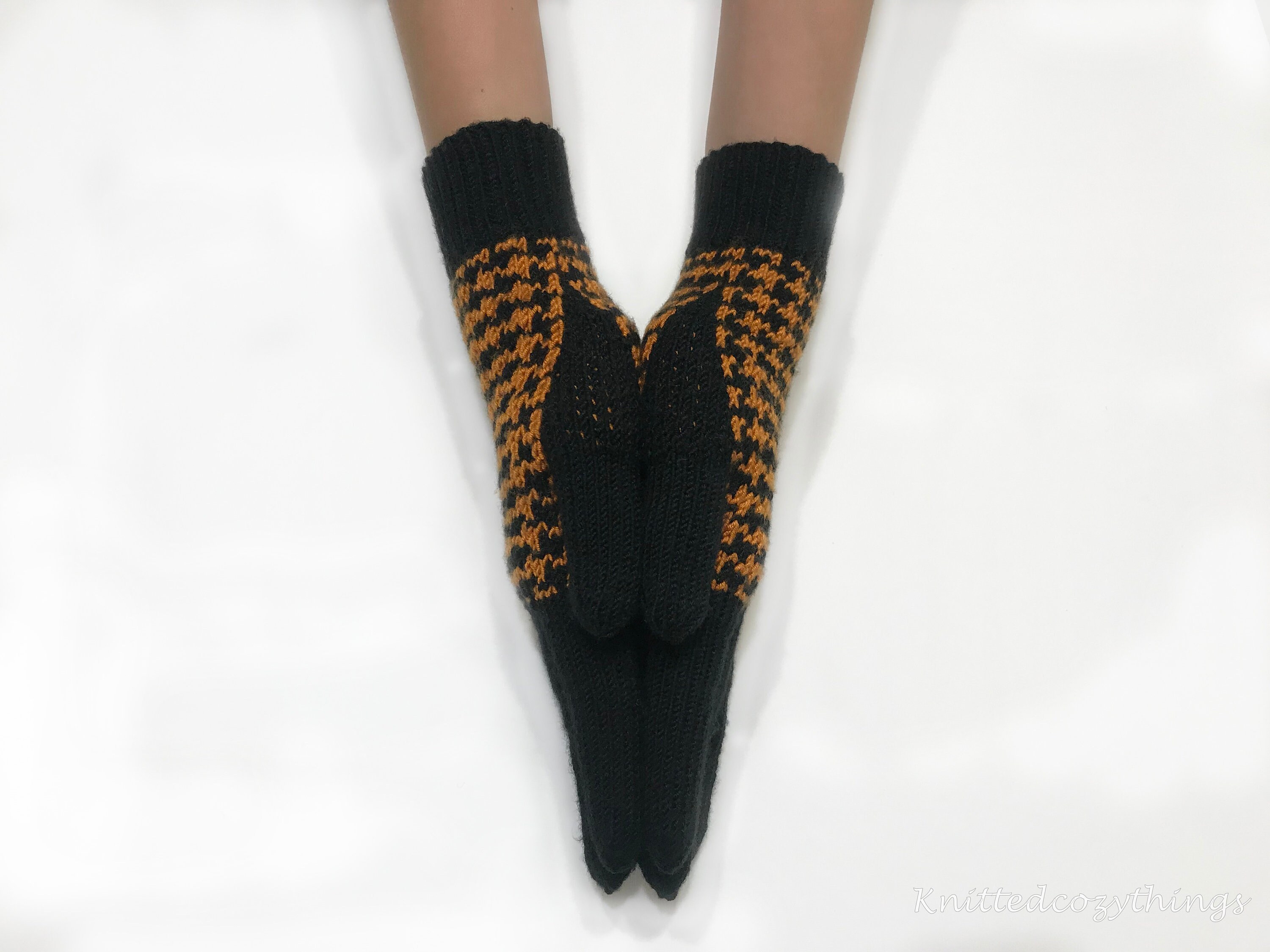 Black Knit Full Gloves. Hand Knit Winter Gloves. Full Knit Etsy