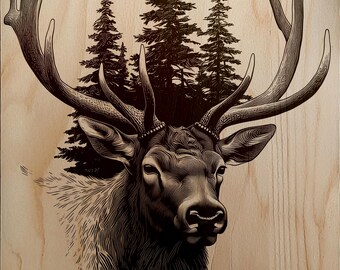 Rustic Elk Head in Woods Wood Engraving PNG, Laser File for Slate Wood Stone Metal, Antlers Trees Digital Download