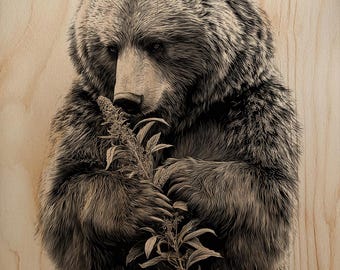 Modello di arte in legno per la fauna selvatica con design di incisione laser di un gentile orso grizzly che cerca cibo con piante