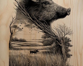 Cinghiale selvatico doppia esposizione natura PNG per incisione laser su legno professionale decorazione artistica da parete