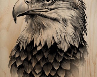 Retrato majestuoso de águila calva, diseño de grabado láser, plantilla de arte en madera de pájaro patriótico, descarga digital