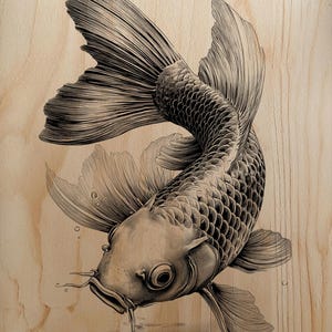 May include: Detailed black and white illustration of a koi fish on a light wood grain background. The fish is depicted in a dynamic pose, with its fins and tail spread, showcasing intricate scale and fin details. The artwork evokes a sense of tranquility.