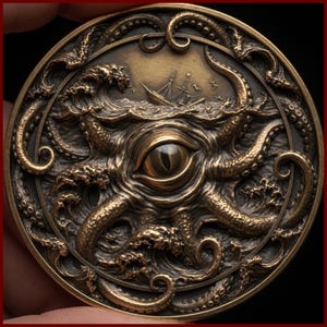 May include: A circular bronze-toned metal coin featuring a high-relief design of a large central eye surrounded by octopus tentacles. The scene depicts a ship sinking in turbulent ocean waves with figures falling into the water around the vessel.