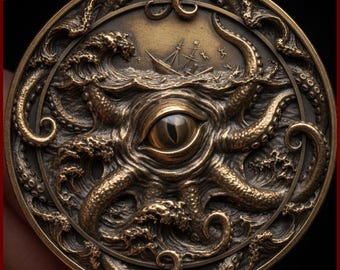 Kraken Eye Tentacle Coin Depth Map | Shipwreck Sea Monster 3D Engraving PNG | Heightmap | xTool LightBurn Wood Coin Blank